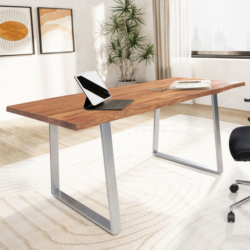 Schreibtisch 160x80x76cm Akazie Massivholz Metall Baumkante Chrom