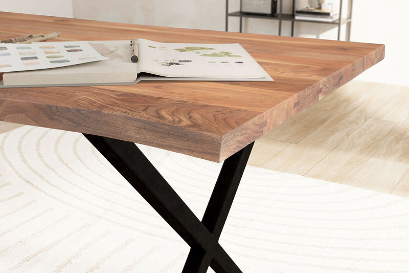 Schreibtisch Akazie Massivholz Metall Baumkante X-Beine Schwarz 120x60cm
