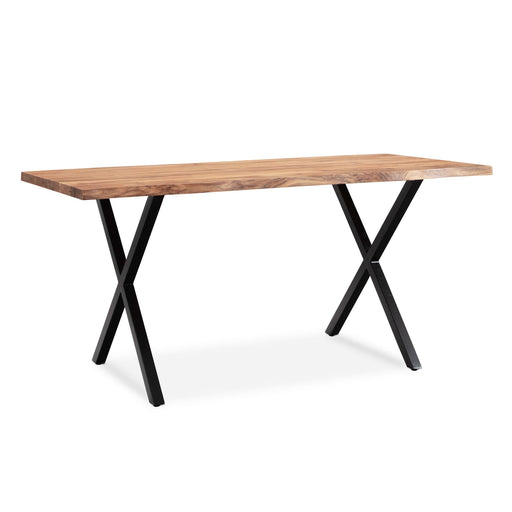 Schreibtisch 140x80x76cm Akazie Massivholz mit Baumkante und schwarzen X-Beinen in Gesamtansicht.