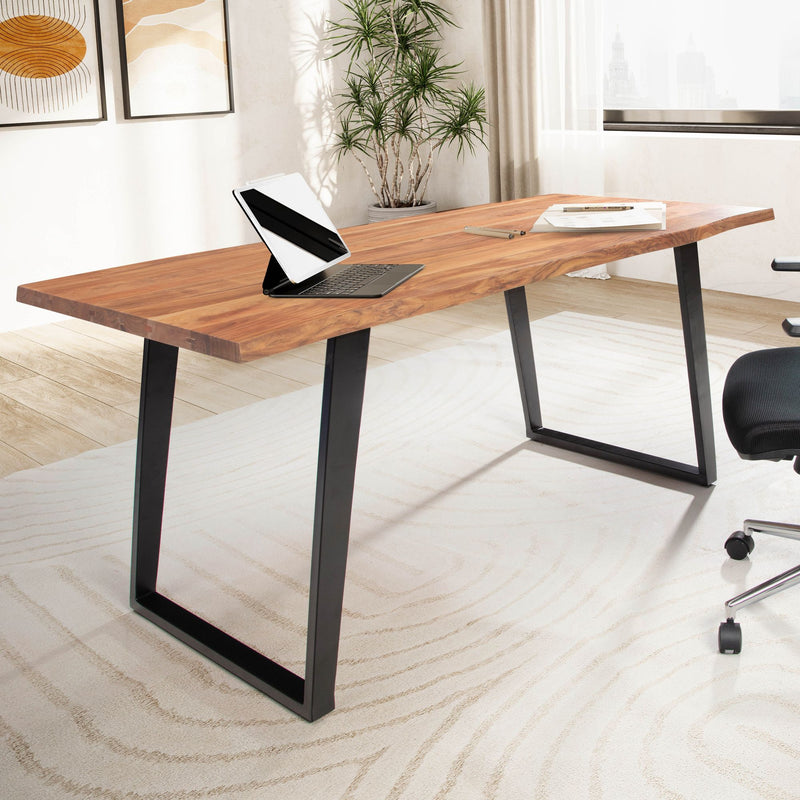 Schreibtisch 120x60x76cm Akazie Massivholz Metall Baumkante Schwarz
