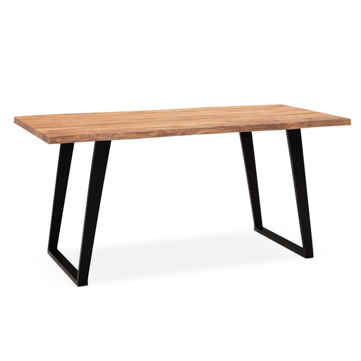 Schreibtisch 140x80 Akazie Massivholz mit Baumkante und schwarzen Metall-U-Beinen in Gesamtansicht.