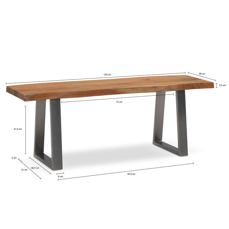 Garderobenbank 120x40x45,5cm Akazie Massivholz Baumkante Chrom Trapezbeine