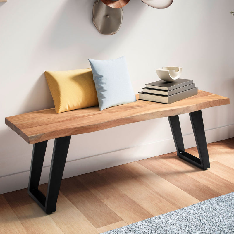 Garderobenbank 120x40x45,5cm Akazie Massivholz Baumkante U-Beine Schwarz