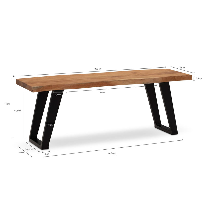 Garderobenbank 120x40x45,5cm Akazie Massivholz Baumkante U-Beine Schwarz