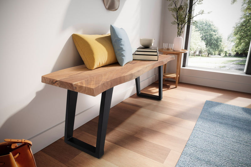 Garderobenbank 120x40x45,5cm Akazie Massivholz Baumkante U-Beine Schwarz