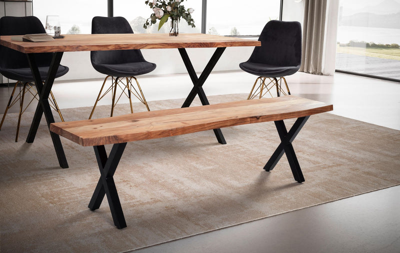 Esszimmerbank 160x40x45,5cm Akazie Massivholz Metall Baumkante Modern