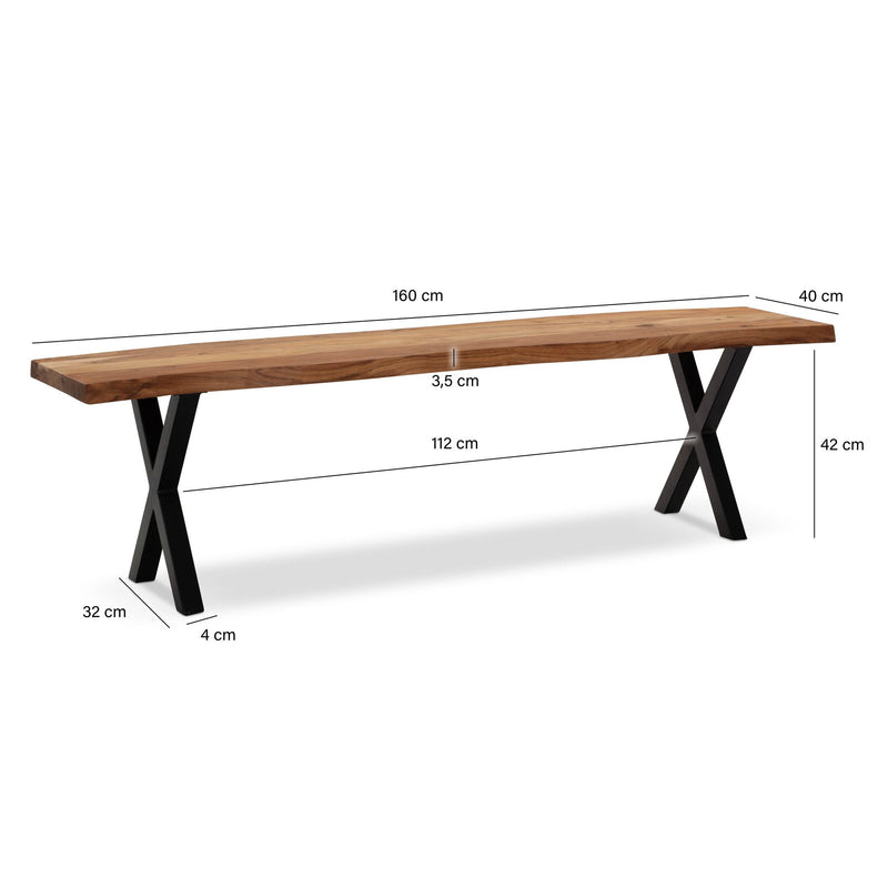Esszimmerbank 160x40x45,5cm Akazie Massivholz Metall Baumkante Modern