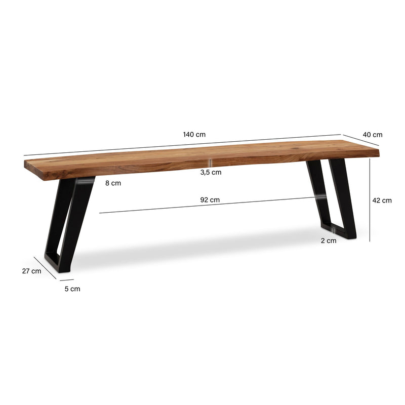 Esszimmerbank 140cm Akazie Massivholz Metall Baumkante U-Beine Modern