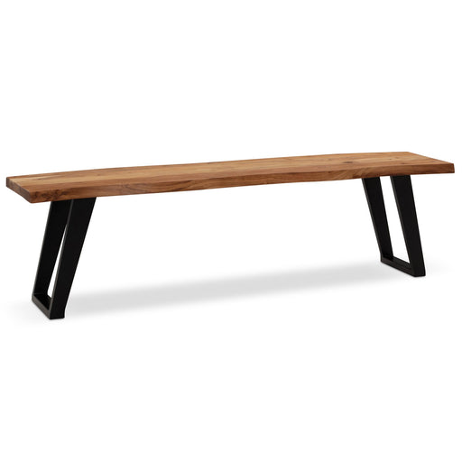 Esszimmerbank 160cm Akazie Massivholz mit schwarzen U-förmigen Metallfüßen, Gesamtansicht.