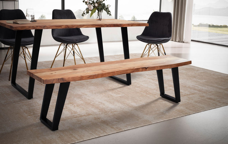 Esszimmerbank 180cm Akazie Massivholz Metall Baumkante U-Beine Modern