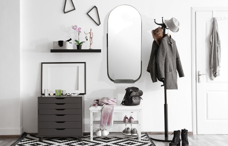 Wandspiegel 51x114cm Oval Metall Schwarz mit Ablage Modern Flur