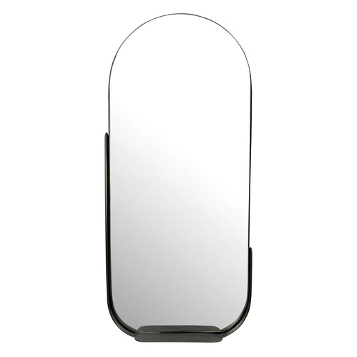 Wandspiegel 51x114cm Oval Metall Schwarz mit Ablage in Gesamtansicht mit schwarzem Metallrahmen und Ablagefläche.