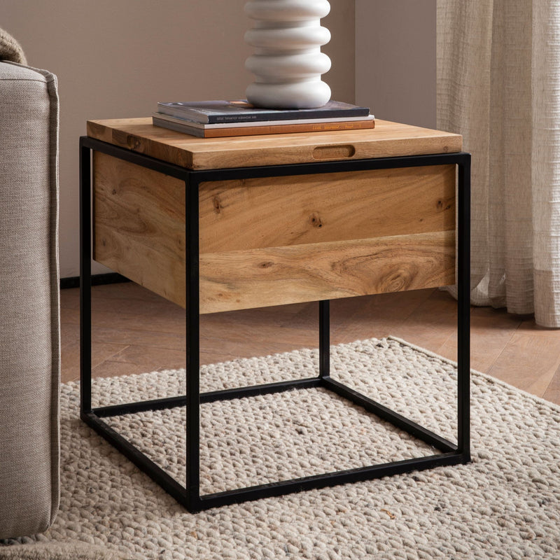 Beistelltisch Akazie Massivholz Metall 47x47x51,5cm Hellbraun Stauraum