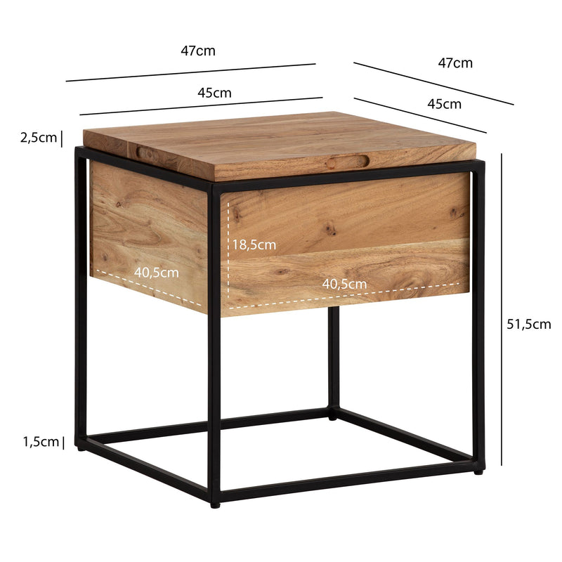 Beistelltisch Akazie Massivholz Metall 47x47x51,5cm Hellbraun Stauraum