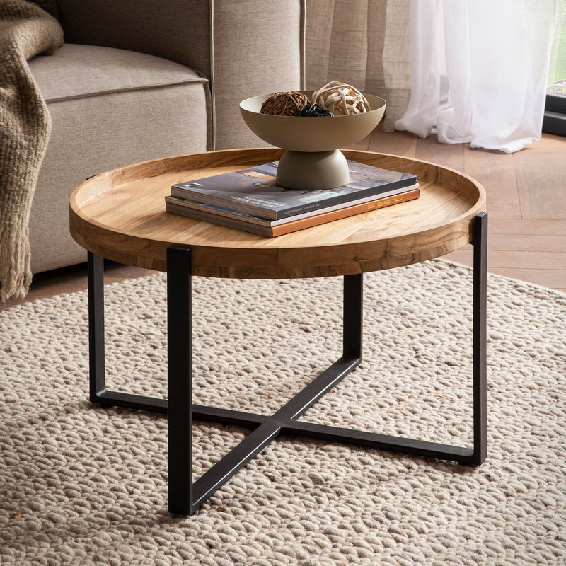 Couchtisch Akazie Massivholz Metall Rund 60x60x36cm Industrial Braun