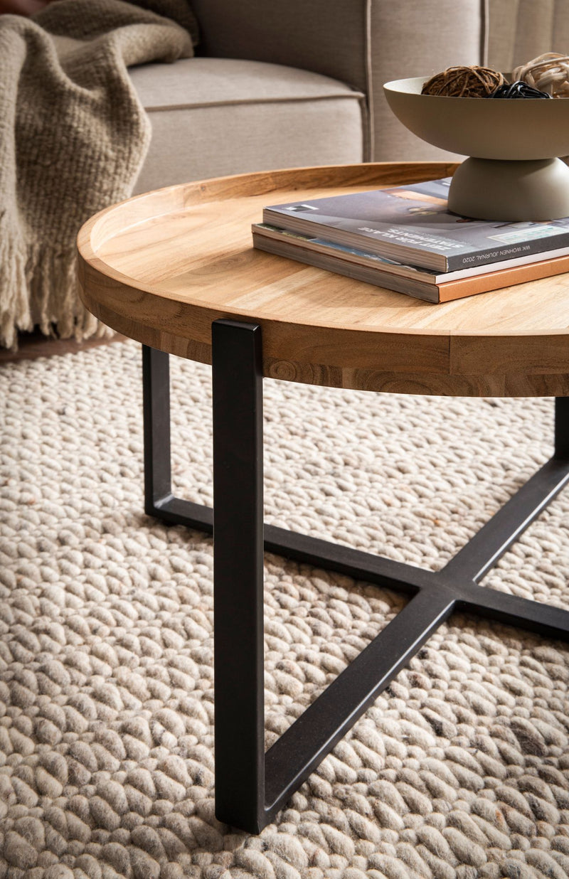 Couchtisch Akazie Massivholz Metall Rund 60x60x36cm Industrial Braun