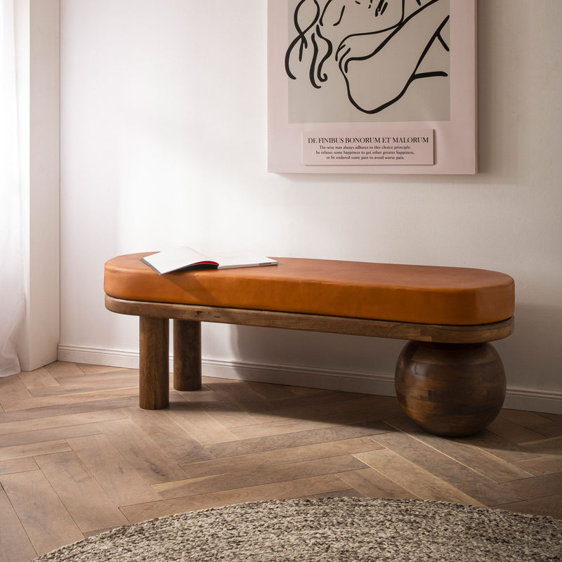 Sitzbank Ziegenleder Mango Massivholz 140x47x40cm Braun Modern