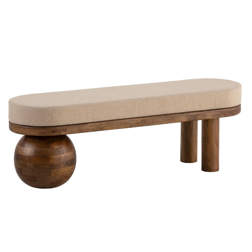 Gesamtansicht der Sitzbank Mango Massivholz 140cm mit beige Polster, Holzgestell und kugelförmiger Stützfuß.