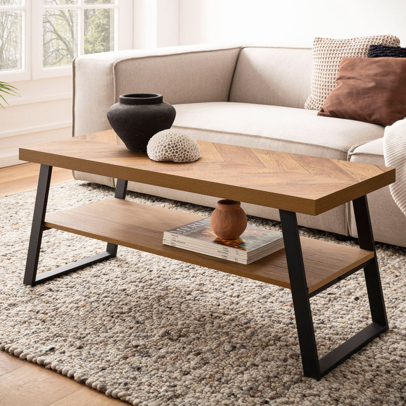 Couchtisch 100x40x41cm Fischgrätmuster Braun Metallgestell Ablage Modern