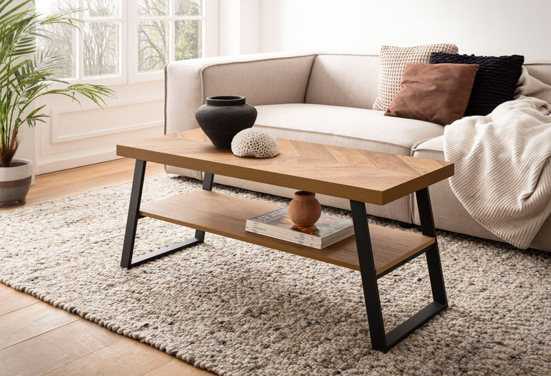 Couchtisch 100x40x41cm Fischgrätmuster Braun Metallgestell Ablage Modern