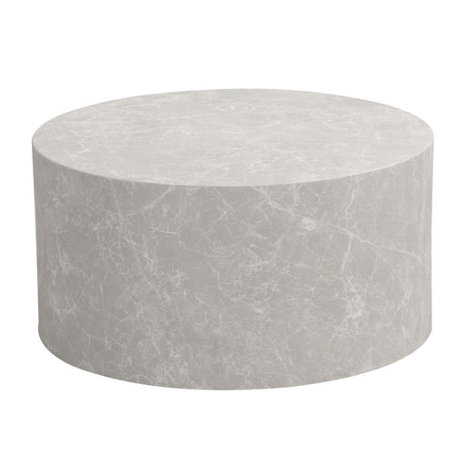 Couchtisch MONOBLOC mit runder Platte in Stein-Optik Sandfarben, Gesamtansicht von vorne.