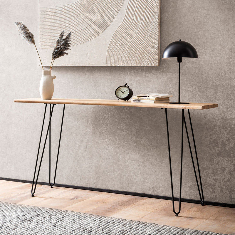 Konsolentisch Akazie Massivholz Baumkante 150x36x75cm Metallbeine Modern