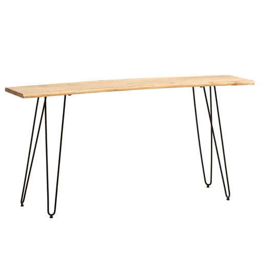 Konsolentisch Akazie Massivholz mit Baumkante und schwarzen Metallbeinen in Gesamtansicht.