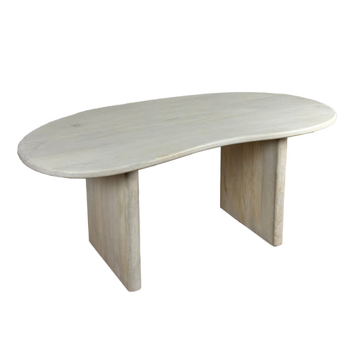 Esszimmertisch 180x90 Mango Massivholz Weiß mit nierenförmiger Tischplatte und zwei massiven Holzpylonen.