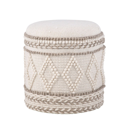 Sitzhocker mit Stauraum Ø40xH45cm Stoff Boho Design, gepolstert in Creme mit geflochtenen Applikationen, Gesamtansicht.