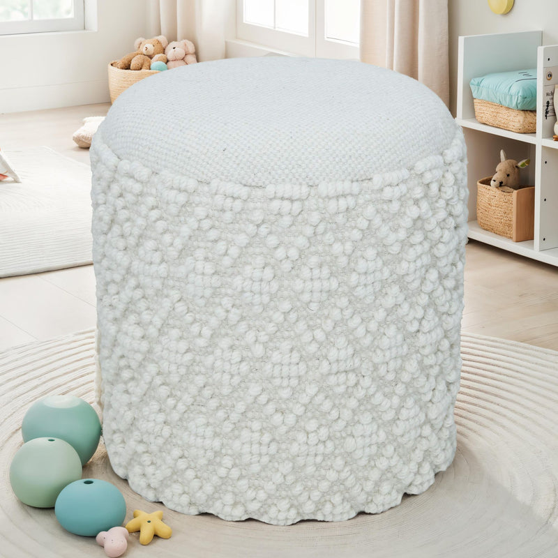 Hocker Boho Wolle mit Stauraum Weiß Ø40xH45cm abnehmbar Sitzfläche
