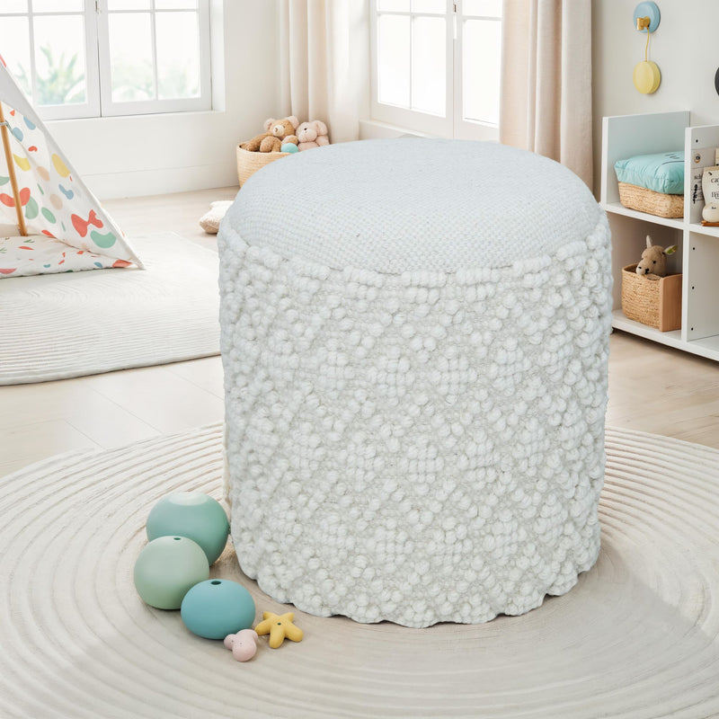Hocker Boho Wolle mit Stauraum Weiß Ø40xH45cm abnehmbar Sitzfläche