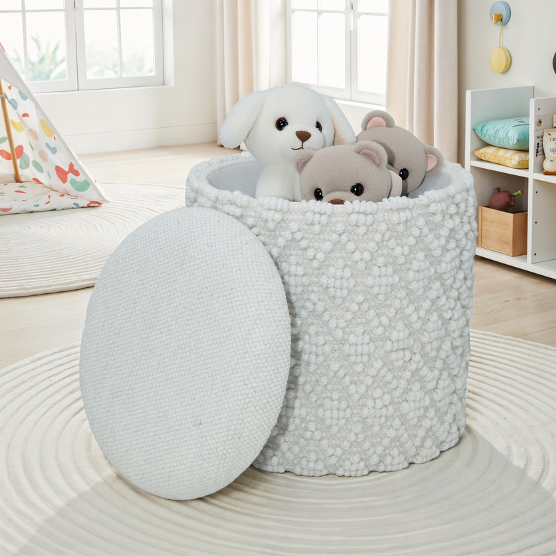 Hocker Boho Wolle mit Stauraum Weiß Ø40xH45cm abnehmbar Sitzfläche
