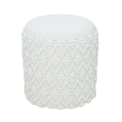 Hocker Boho Wolle mit Stauraum Weiß in Gesamtansicht mit strukturierter Wollober­fläche und abnehmbarer Sitzfläche.