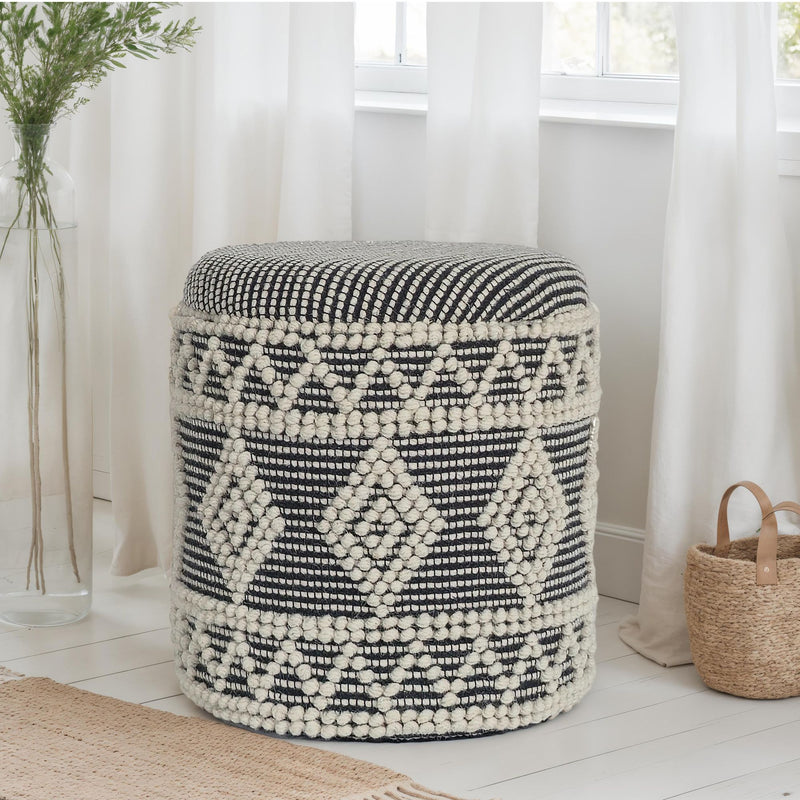 Hocker Boho Wolle Grau-Creme Ø40x45cm mit Stauraum abnehmbarer Deckel