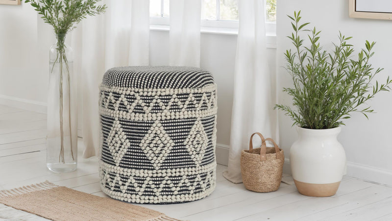 Hocker Boho Wolle Grau-Creme Ø40x45cm mit Stauraum abnehmbarer Deckel