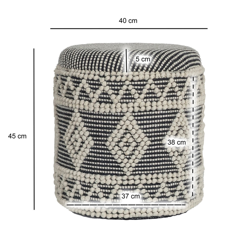Hocker Boho Wolle Grau-Creme Ø40x45cm mit Stauraum abnehmbarer Deckel
