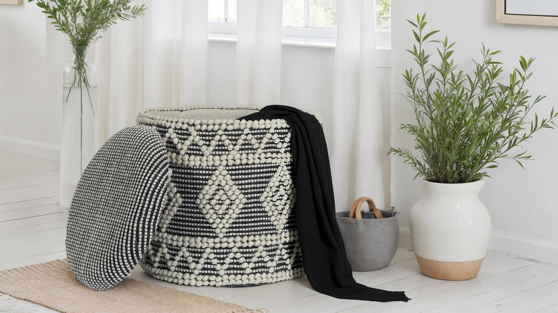 Hocker Boho Wolle Grau-Creme Ø40x45cm mit Stauraum abnehmbarer Deckel