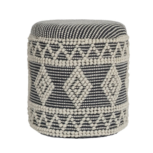 Hocker Boho Wolle Grau-Creme mit geometrischem Muster und abnehmbarem Deckel in Gesamtansicht.