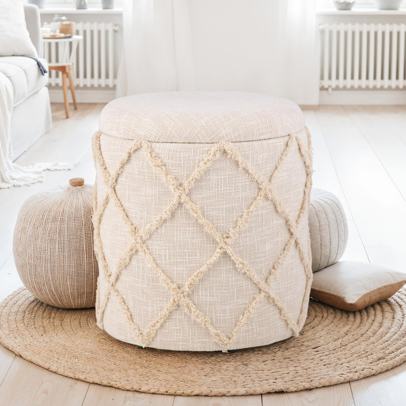 Sitzhocker Stauraum 40x40x45cm Creme Baumwolle Boho abnehmbarer Deckel