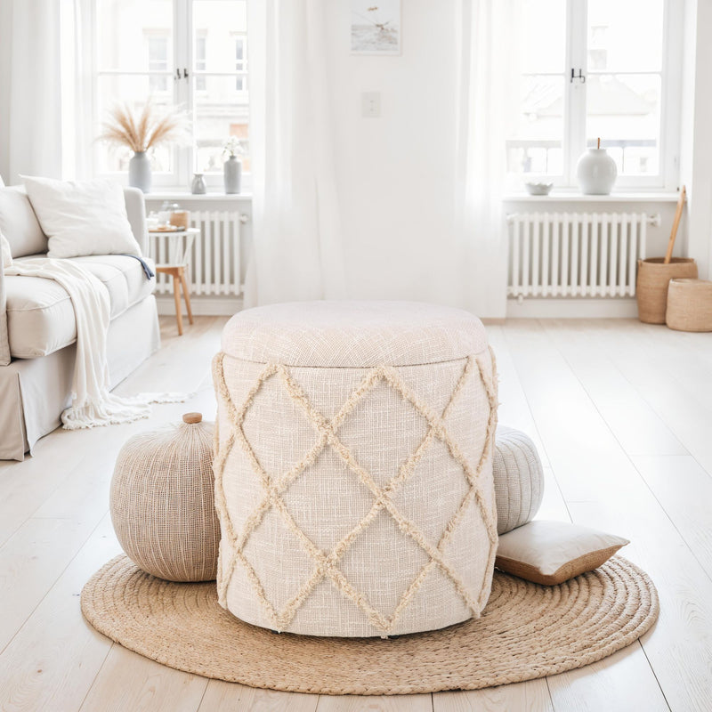 Sitzhocker Stauraum 40x40x45cm Creme Baumwolle Boho abnehmbarer Deckel