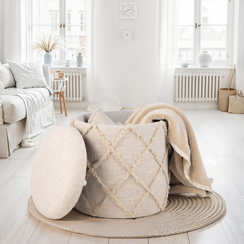 Sitzhocker Stauraum 40x40x45cm Creme Baumwolle Boho abnehmbarer Deckel