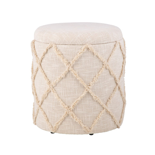 Sitzhocker Stauraum 40x40x45cm Creme in Baumwolle mit Boho-Muster und abnehmbarem Deckel in Gesamtansicht.