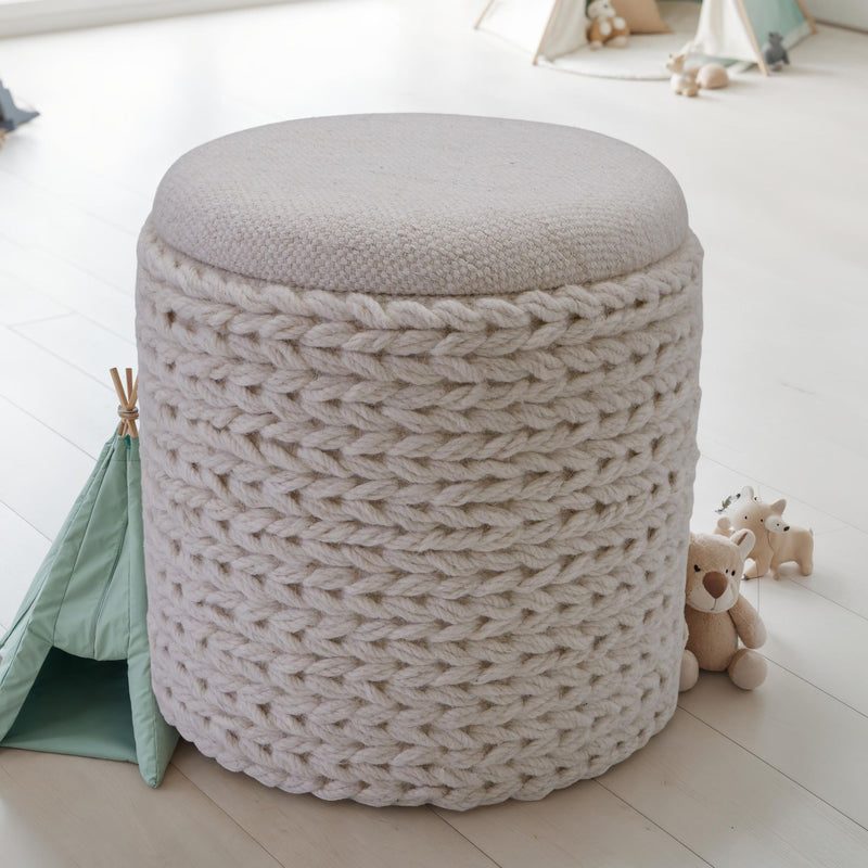 Sitzhocker Stauraum Wolle rund 40x40x45 cm Boho Stil Creme Weiß