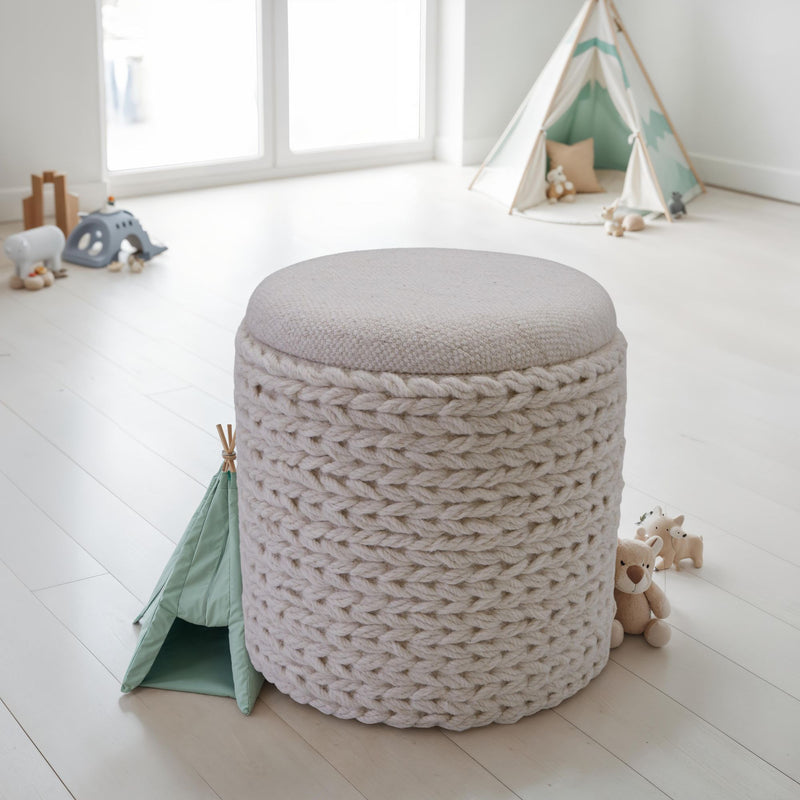 Sitzhocker Stauraum Wolle rund 40x40x45 cm Boho Stil Creme Weiß