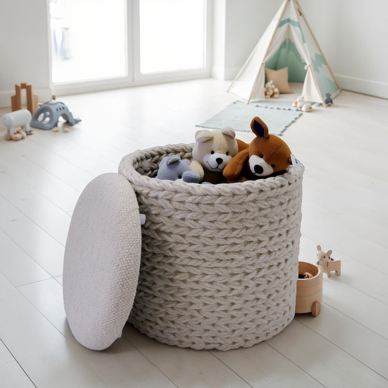 Sitzhocker Stauraum Wolle rund 40x40x45 cm Boho Stil Creme Weiß