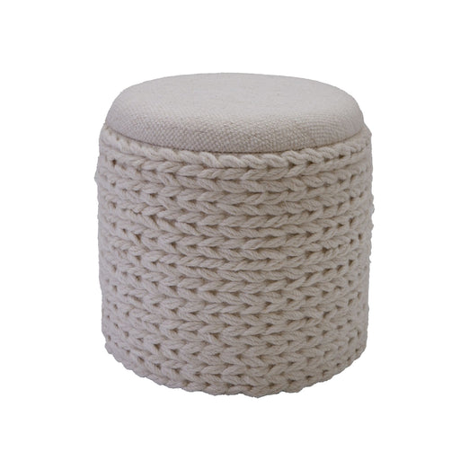 Sitzhocker Stauraum Wolle rund in Creme mit geflochtenem Wollmuster und polsterter Sitzfläche in Gesamtansicht.