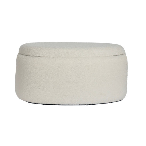Ovaler Sitzhocker mit Stauraum in Creme aus Polyester, Gesamtansicht von vorne.