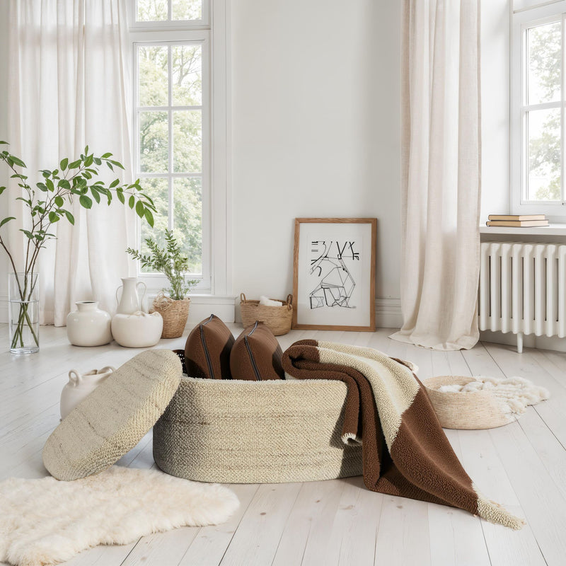 Sitzhocker mit Stauraum Wolle oval 81cm Braun Polsterhocker modern