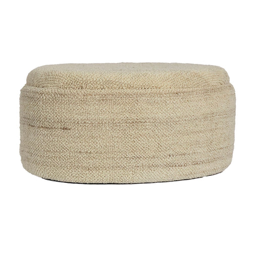 Sitzhocker mit Stauraum Wolle oval 81cm Braun Polsterhocker modern in Gesamtansicht mit beigefarbener Wollstruktur.