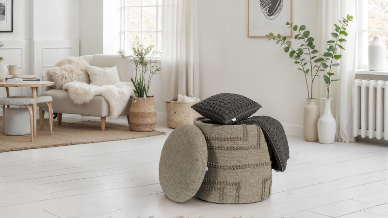Sitzhocker rund Wolle Braun Ø40x45cm mit Stauraum Boho Design